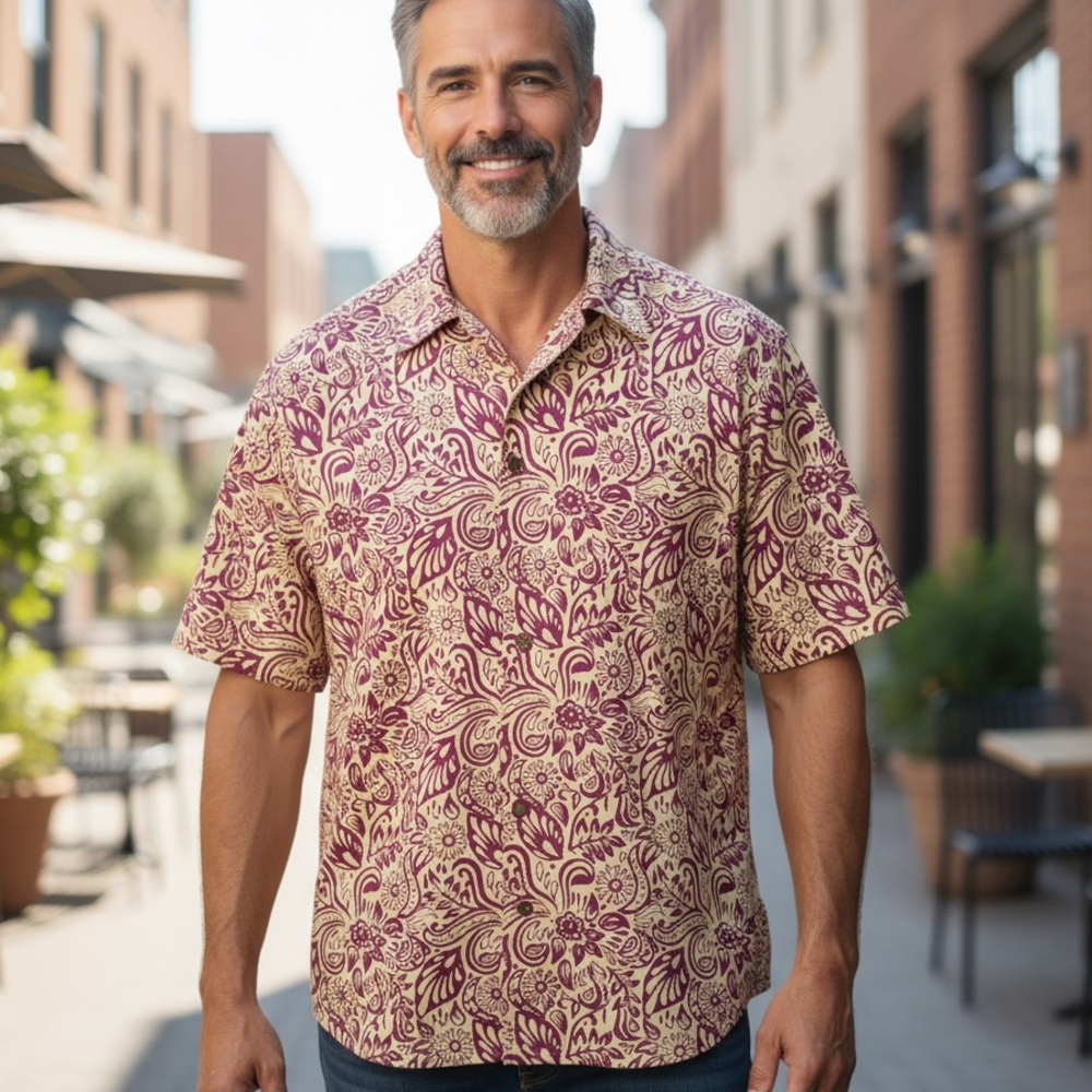 NWOT The Territory Ahead Men's Burgundy and Beige pattern Button up Shirt